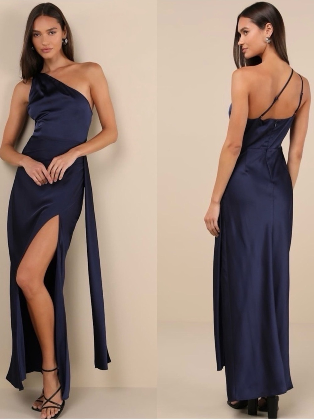 Lulus Navy One-Shoulder Satin Evening Dress